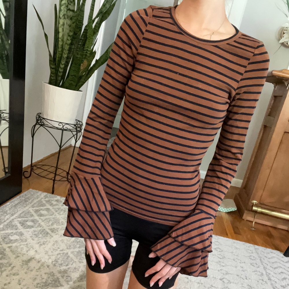 Brown and black striped top with flouncy sleeves